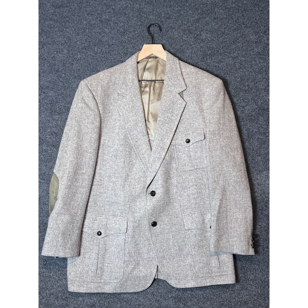 Vintage John Weitz Palm Beach Wool Blazer Mens Gray Tweed Elbow Patch USA 44R
